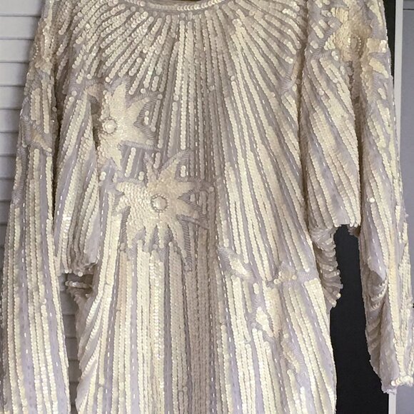 1980s Vintage Cream Sequin Chinese Silk Long Sleeve Blouse. - Picture 13 of 16